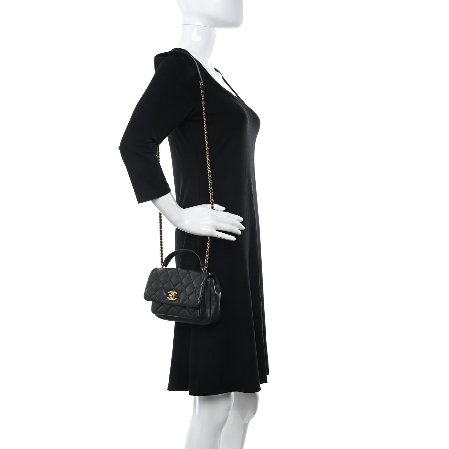 Calfskin Quilted Top Handle Flap Black