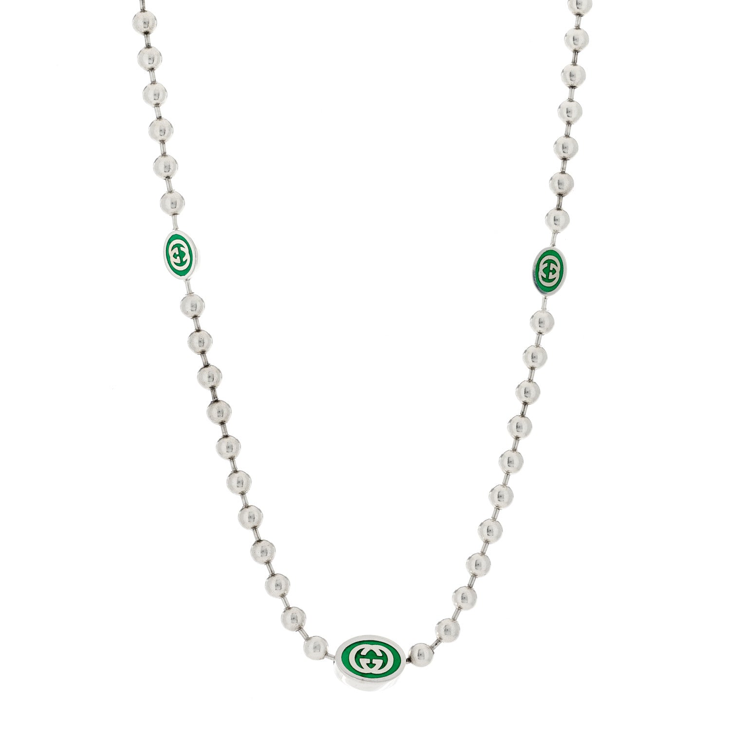 Gucci Sterling Silver Enamel Interlocking G Boule Chain Necklace Green 1 of 3