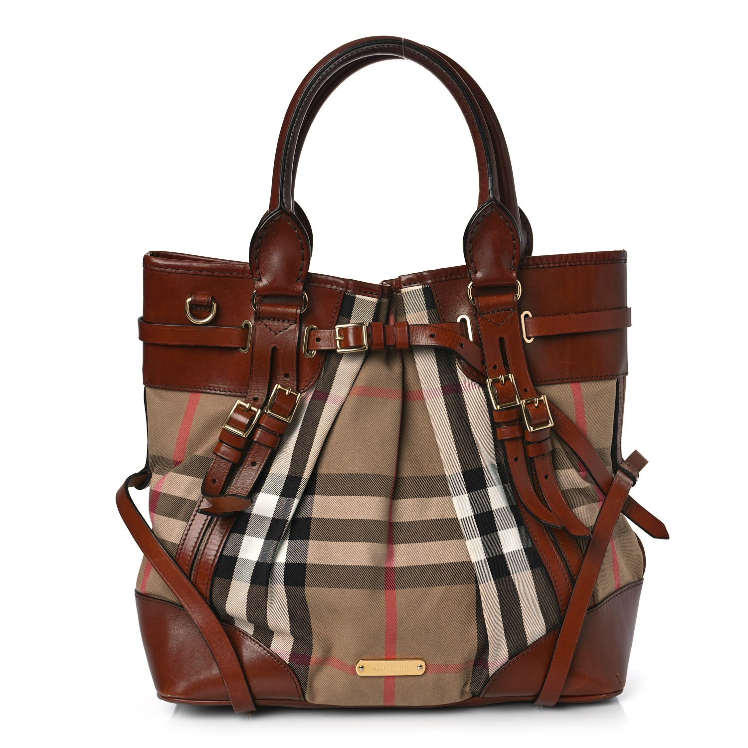 Burberry Bridle Calfskin House Check Medium Whipstitch Tote Dark Tan 1 of 16