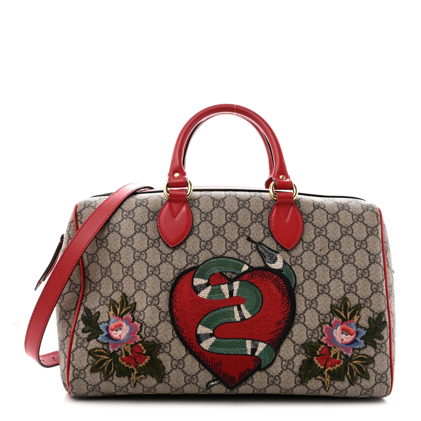 GG Supreme Monogram Kingsnake Heart Embroidered Medium Boston Hibiscus Red