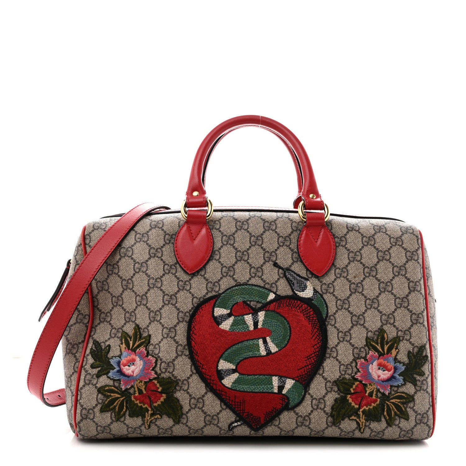 Gucci GG Supreme Monogram Kingsnake Heart Embroidered Medium Boston Hibiscus Red 1 of 15