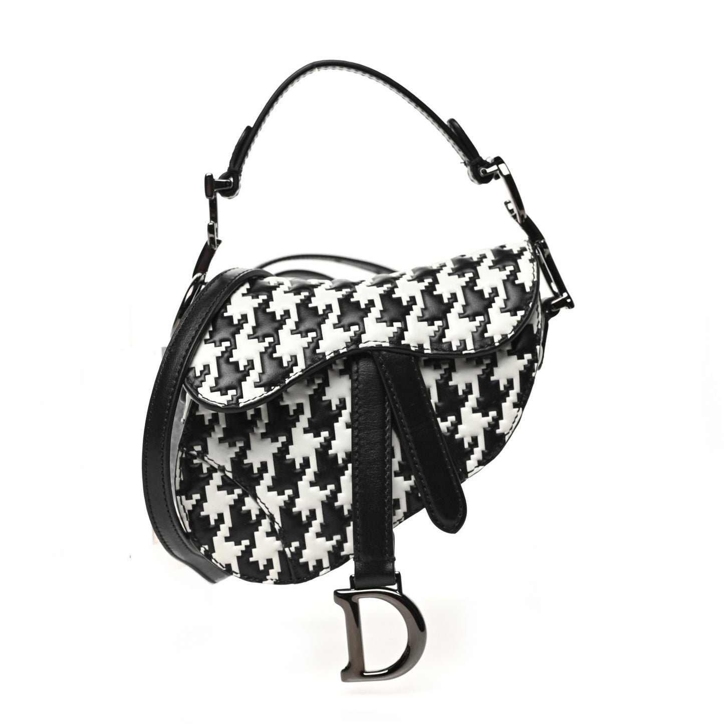 Calfskin Macro Houndstooth Embossed Micro Saddle Bag Black White