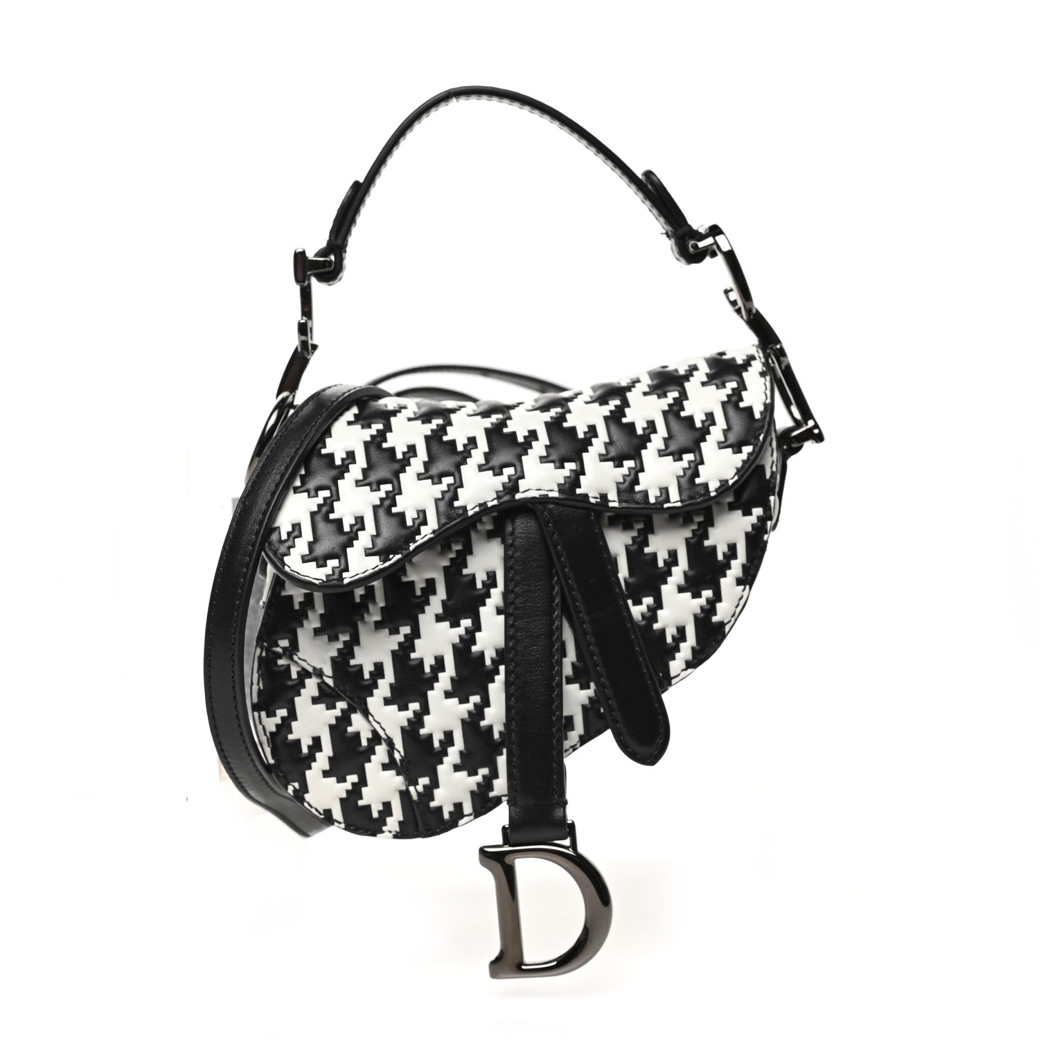 Christian Dior Calfskin Macro Houndstooth Embossed Micro Saddle Bag Black White 1 of 8