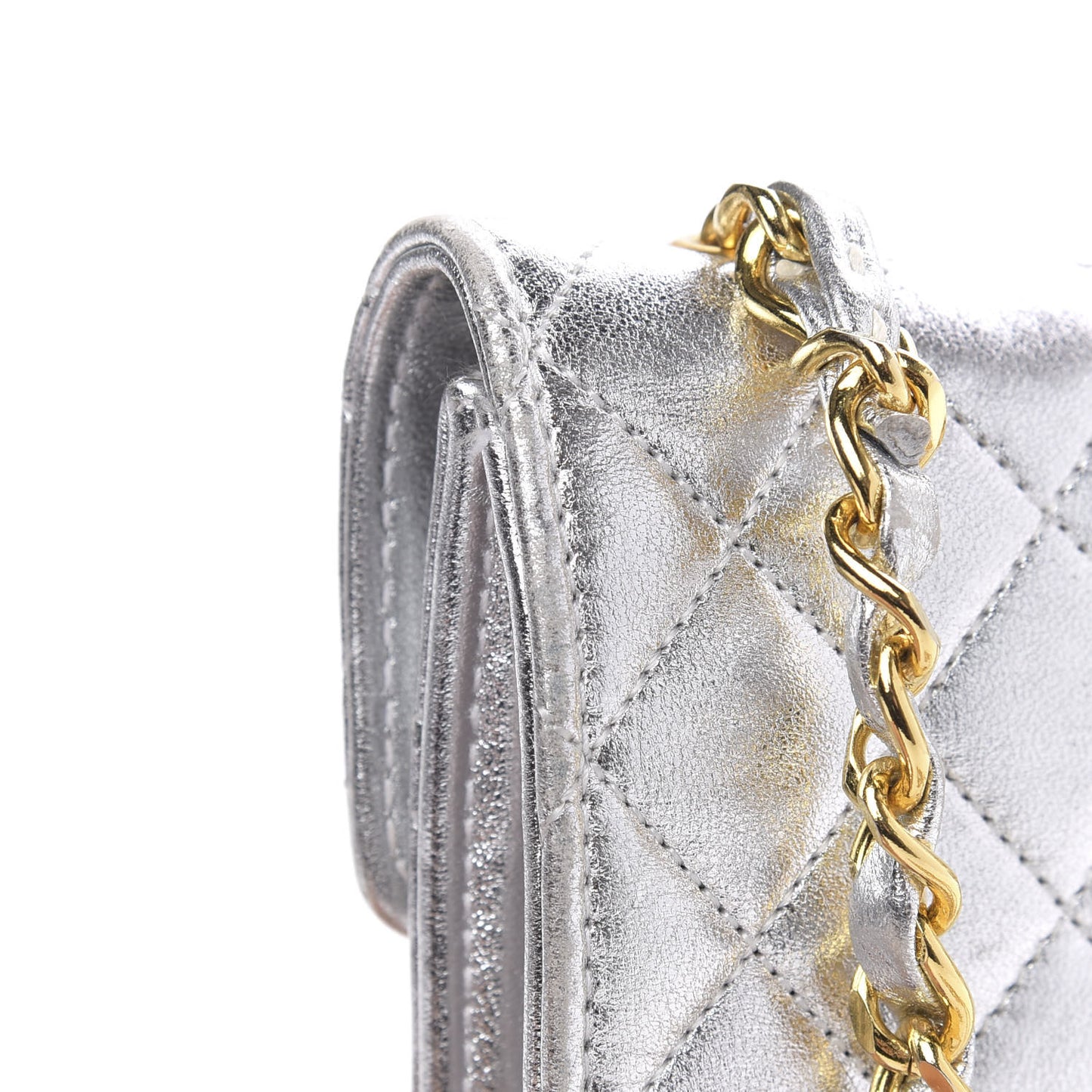 Metallic Lambskin Quilted Micro Mini Flap Silver