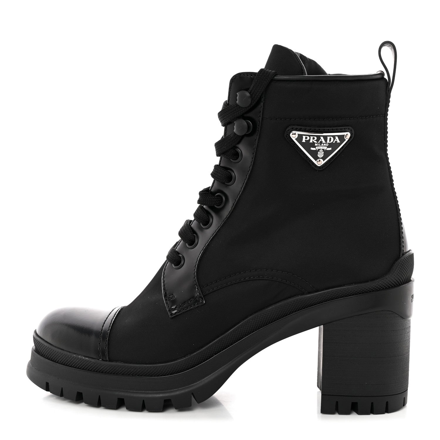 Prada Spazzolato Re-Nylon Metal Triangle Logo Lace Up 85mm Boots 37.5 Black 1 of 11
