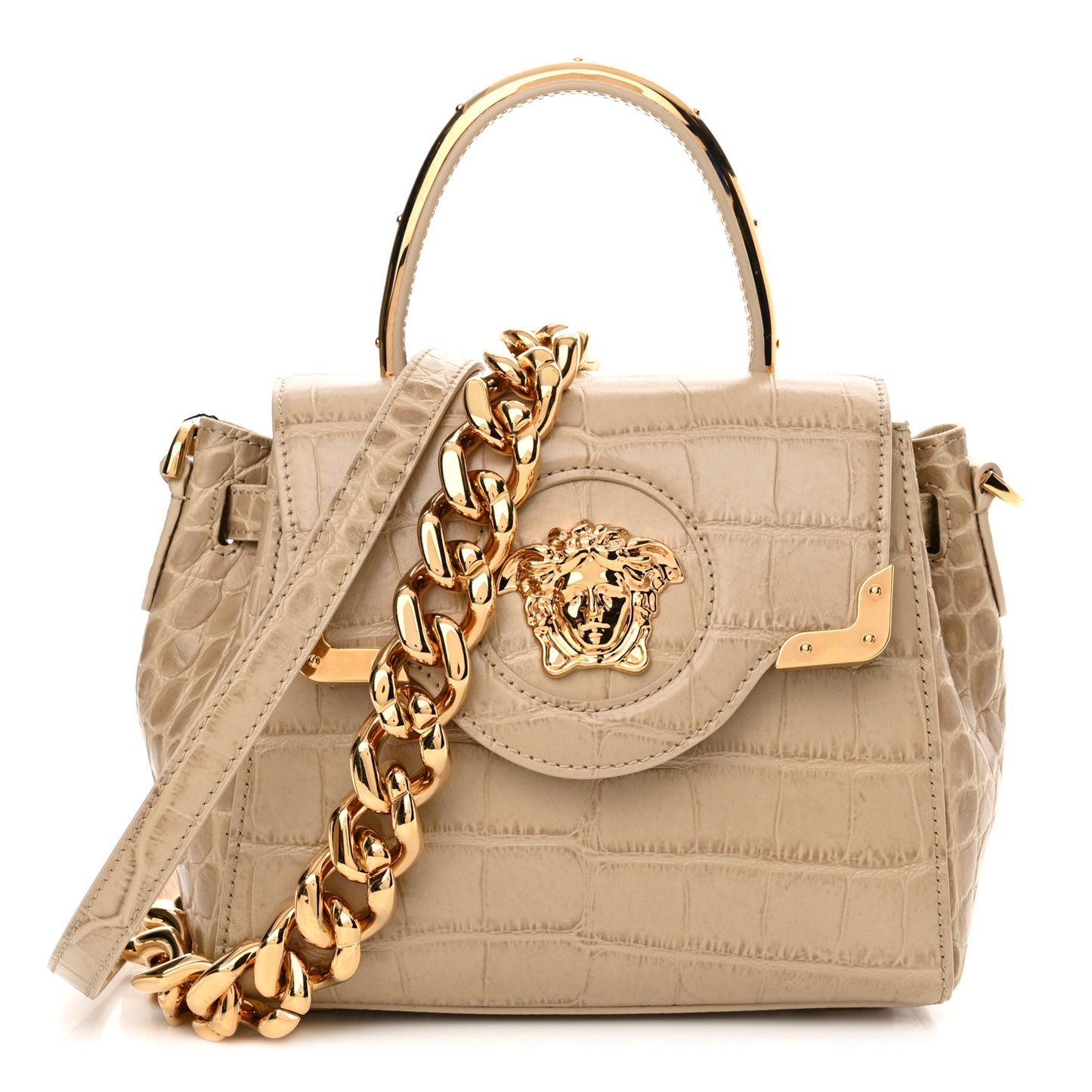 Calfskin Crocodile Embossed Small La Medusa Top Handle Bag Beige