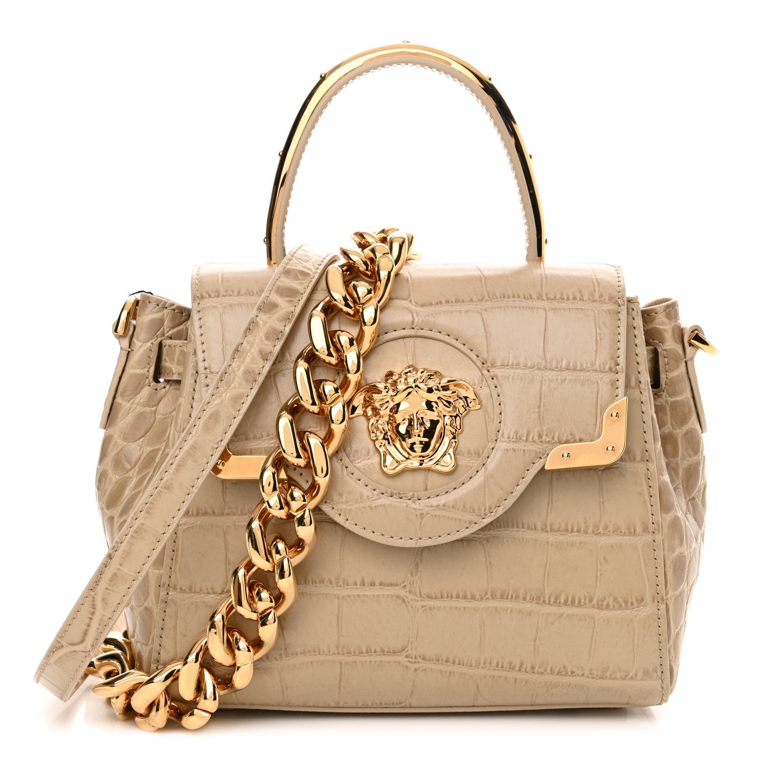 Versace Calfskin Crocodile Embossed Small La Medusa Top Handle Bag Beige 1 of 9