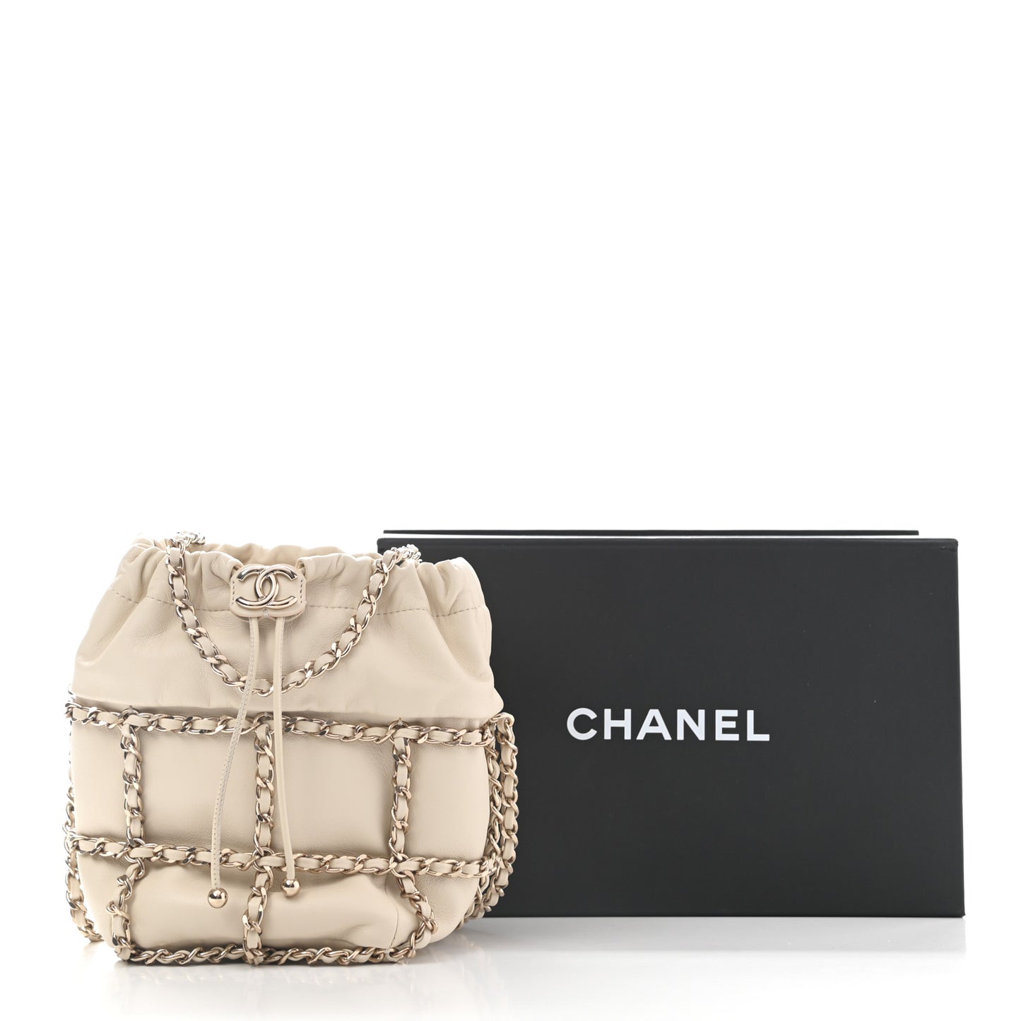 Lambskin Bucket Chain Drawstring Bag Beige