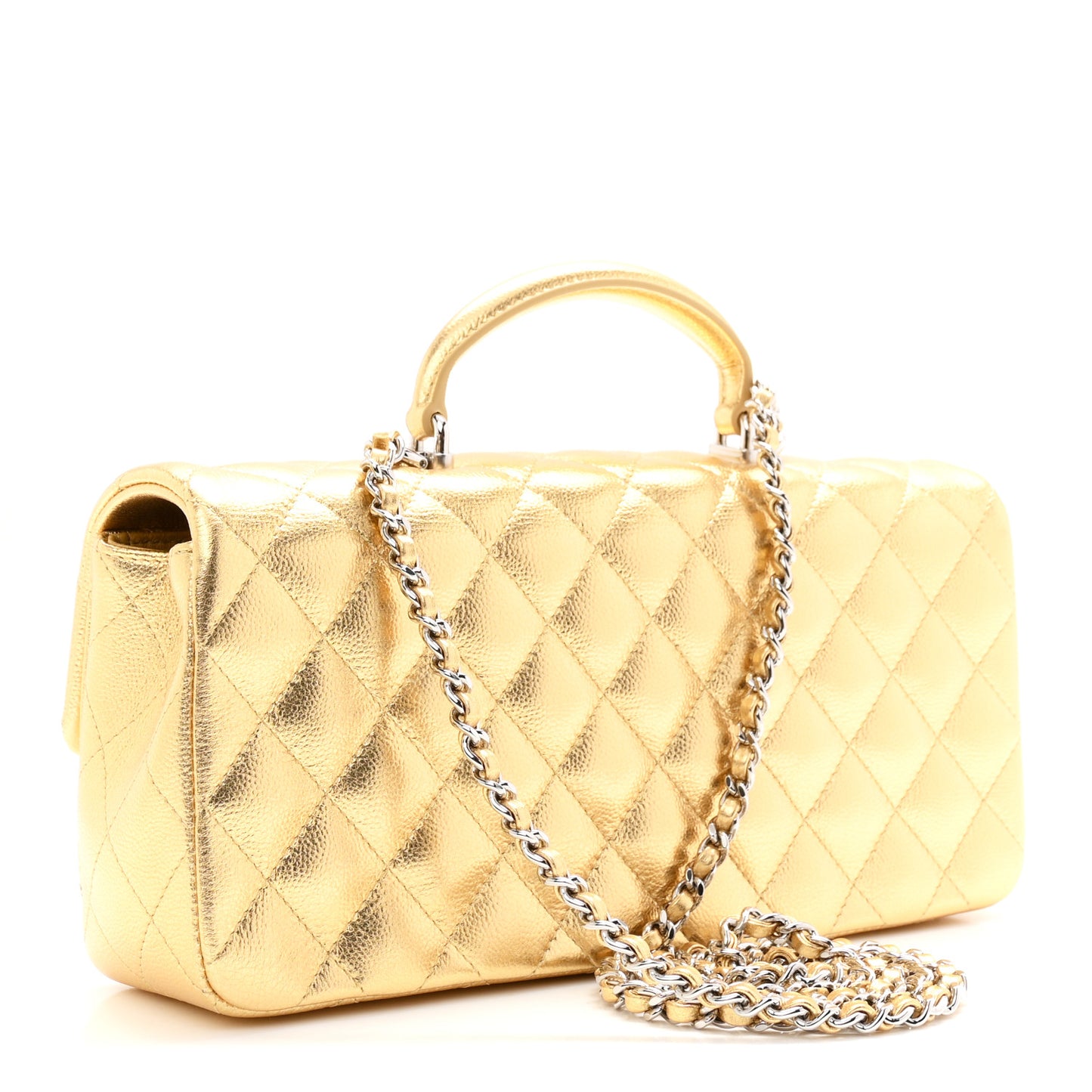 Metallic Caviar Quilted Top Handle East West Flap Gold