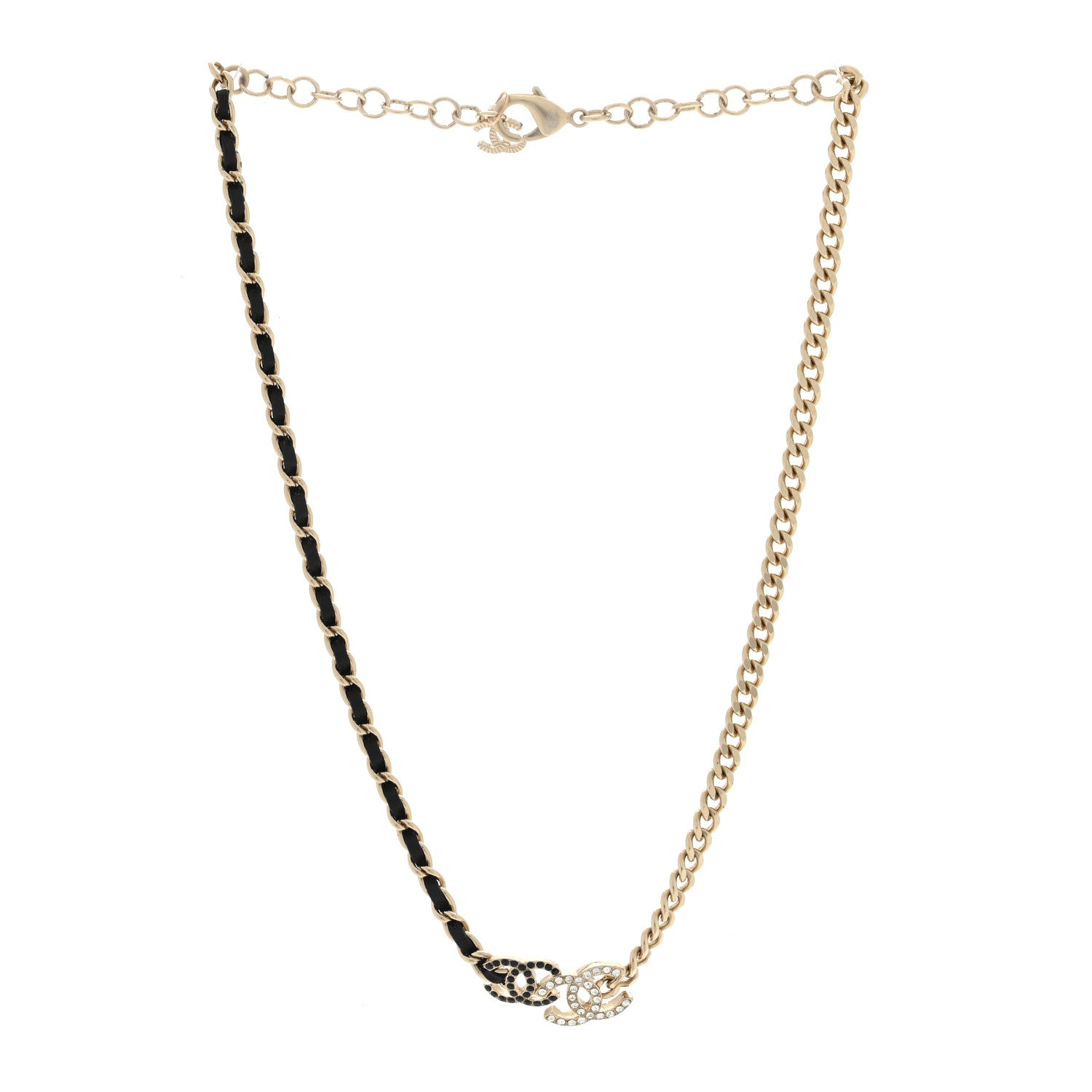 Chanel Metal Calfskin Crystal Double CC Short Necklace Black Gold 2 of 3