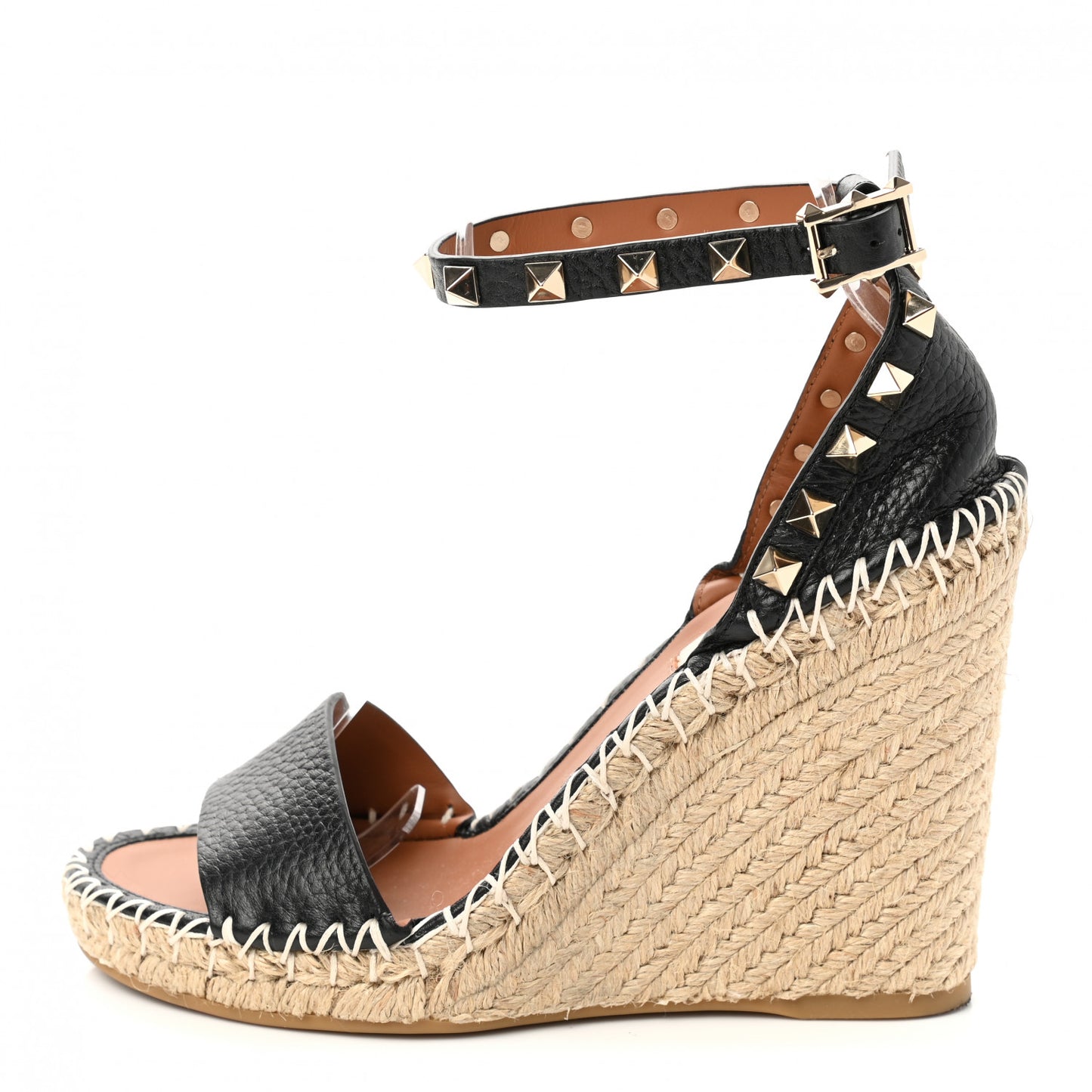Grained Calfskin Rockstud Ankle Strap Espadrille 15/105mm Wedge Sandals 35 Black Light Cuir Natural