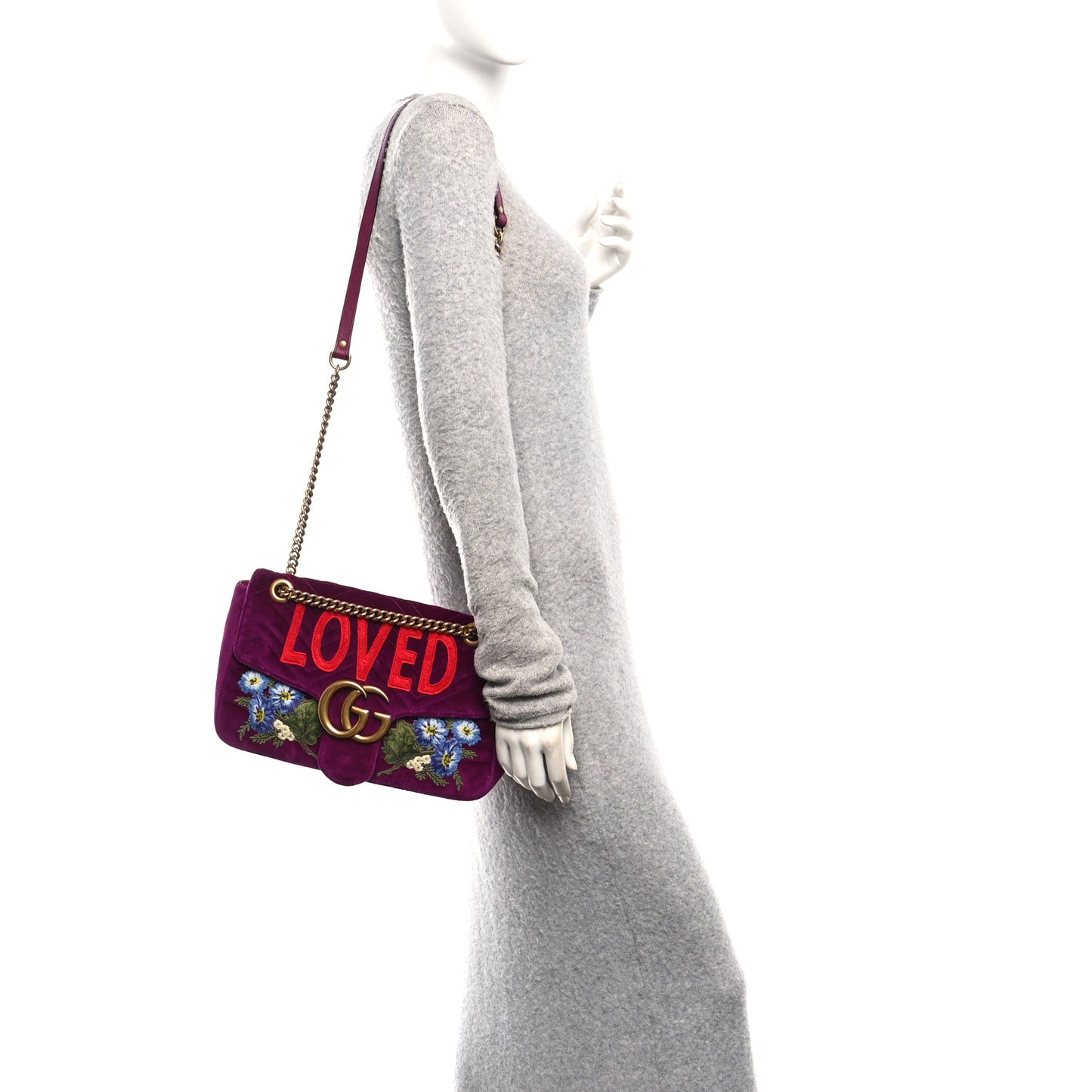 Velvet Matelasse Loved Embroidered Medium GG Marmont Shoulder Bag Fuchsia Violet Cyclamen