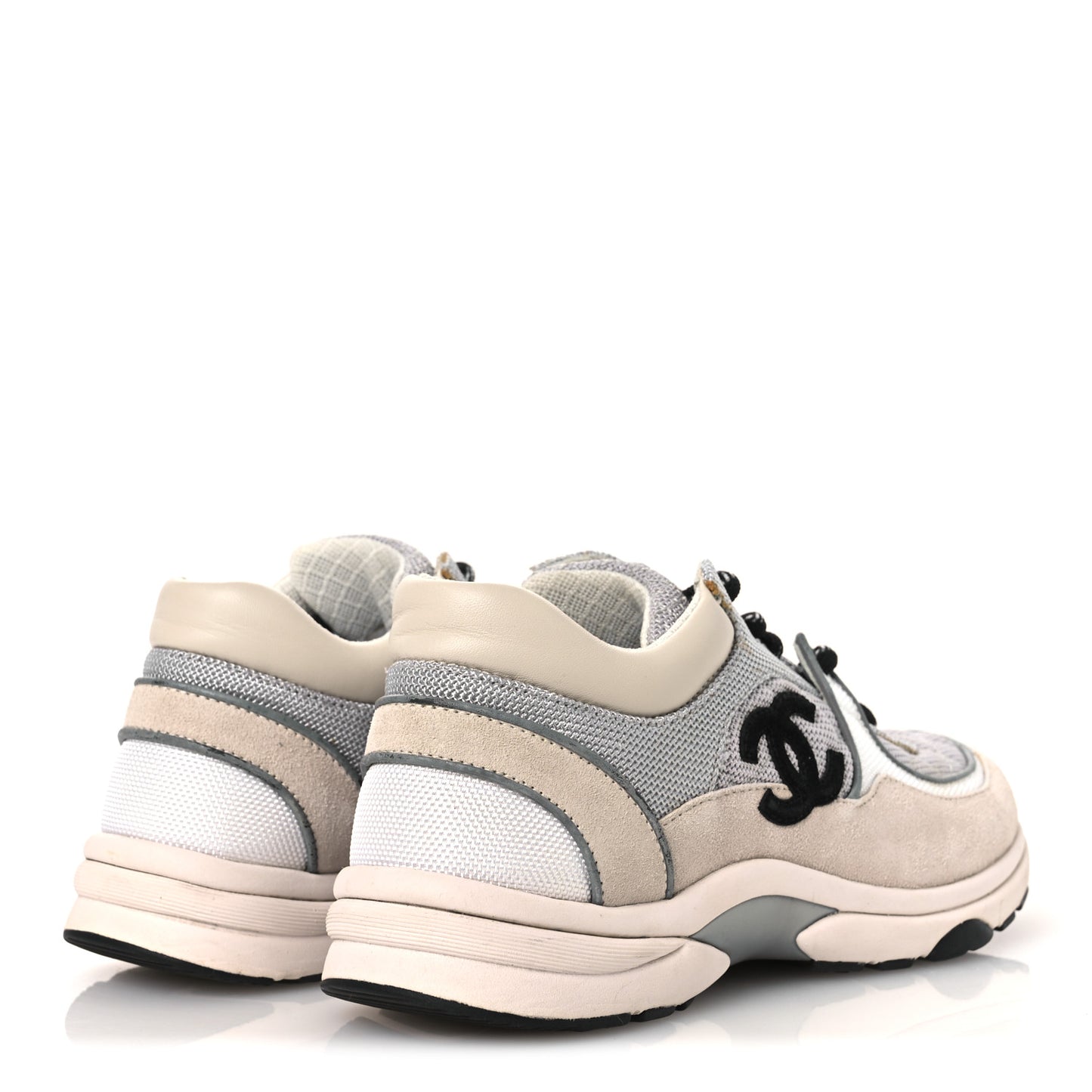 Mesh Suede Calfskin Grained Calfskin Womens CC Sneakers 37 Grey White