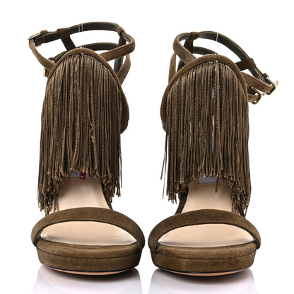 Jimmy Choo Suede Fringe Farrah 120 Sandals 39 Olive 2 of 15