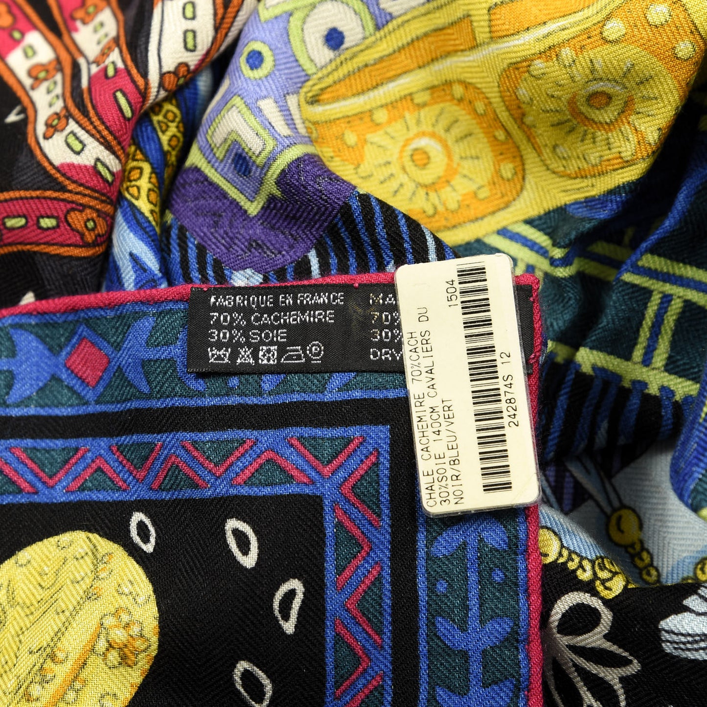 Cashmere Silk Cavaliers du Caucase Shawl 140 Black Bleu Vert