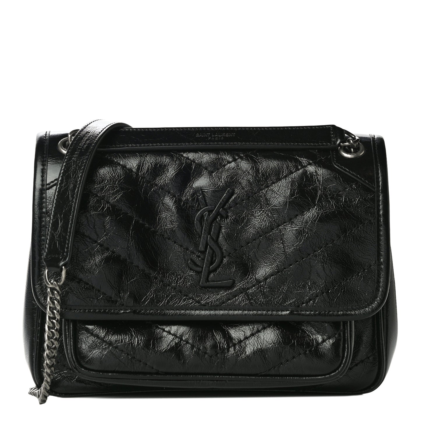 Crinkled Calfskin Matelasse Monogram Baby Niki Chain Satchel Black