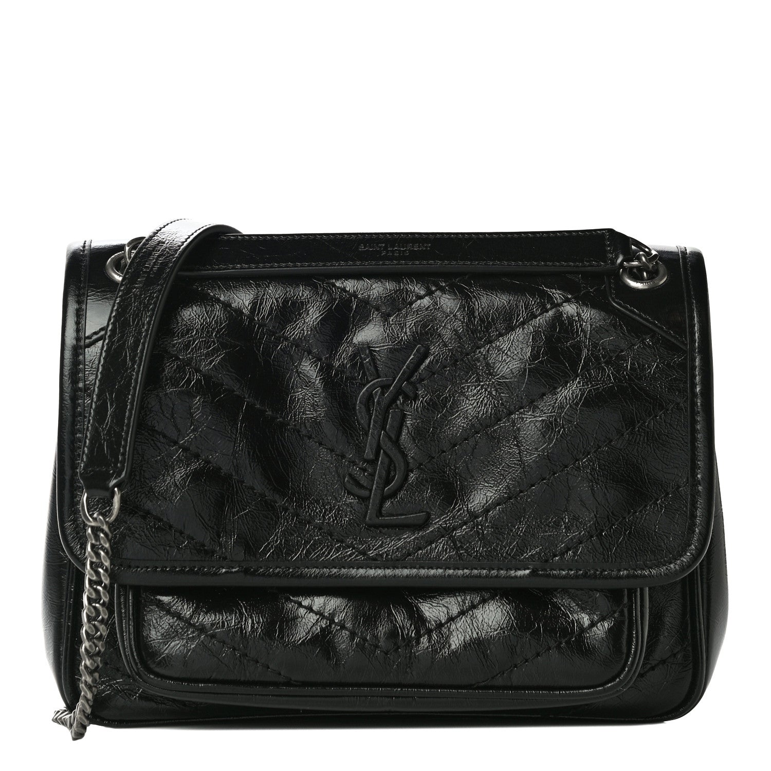 Saint Laurent Crinkled Calfskin Matelasse Monogram Baby Niki Chain Satchel Black 1 of 10