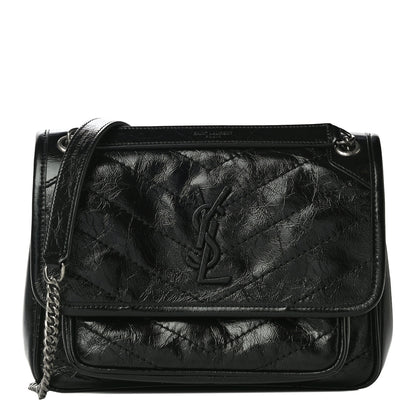 Saint Laurent Crinkled Calfskin Matelasse Monogram Baby Niki Chain Satchel Black 1 of 10