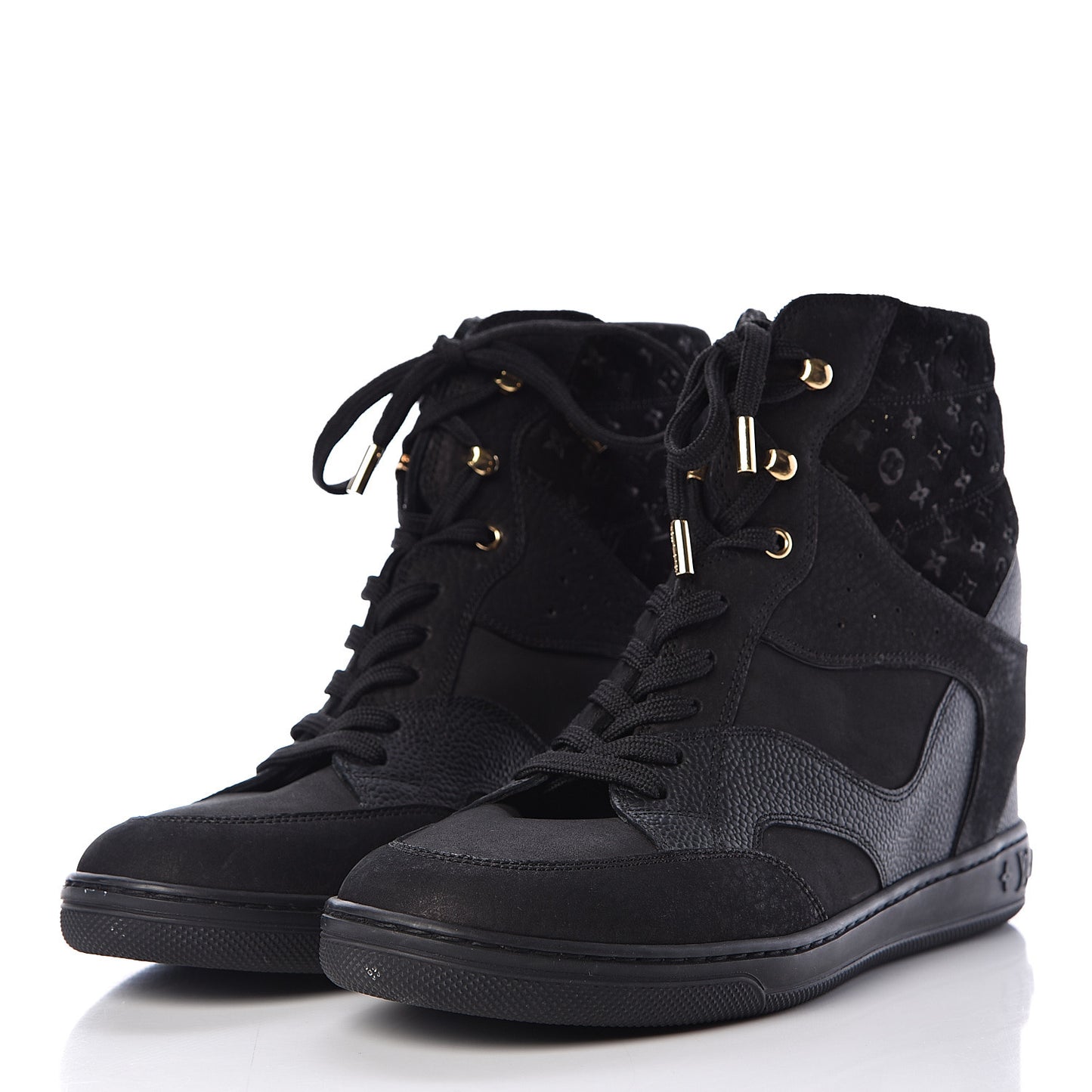 Calfskin Suede Monogram Cliff Top Wedge Sneakers 41 Black