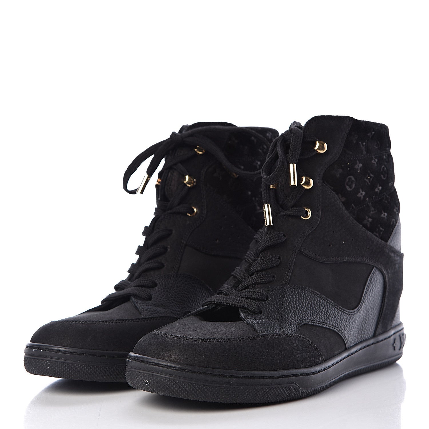 Louis Vuitton Calfskin Suede Monogram Cliff Top Wedge Sneakers 41 Black 3 of 13