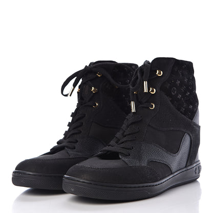 Louis Vuitton Calfskin Suede Monogram Cliff Top Wedge Sneakers 41 Black 3 of 13