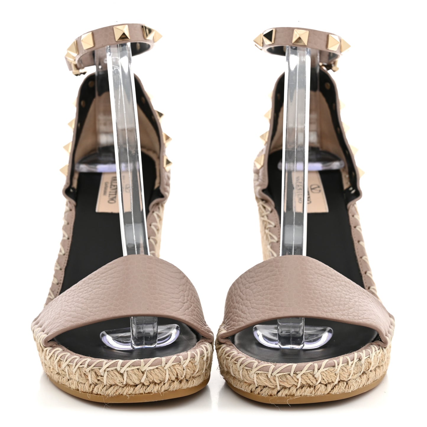 Grained Calfskin Rockstud Ankle Strap Espadrille 15/105mm Wedge Sandals 37 Poudre Natural
