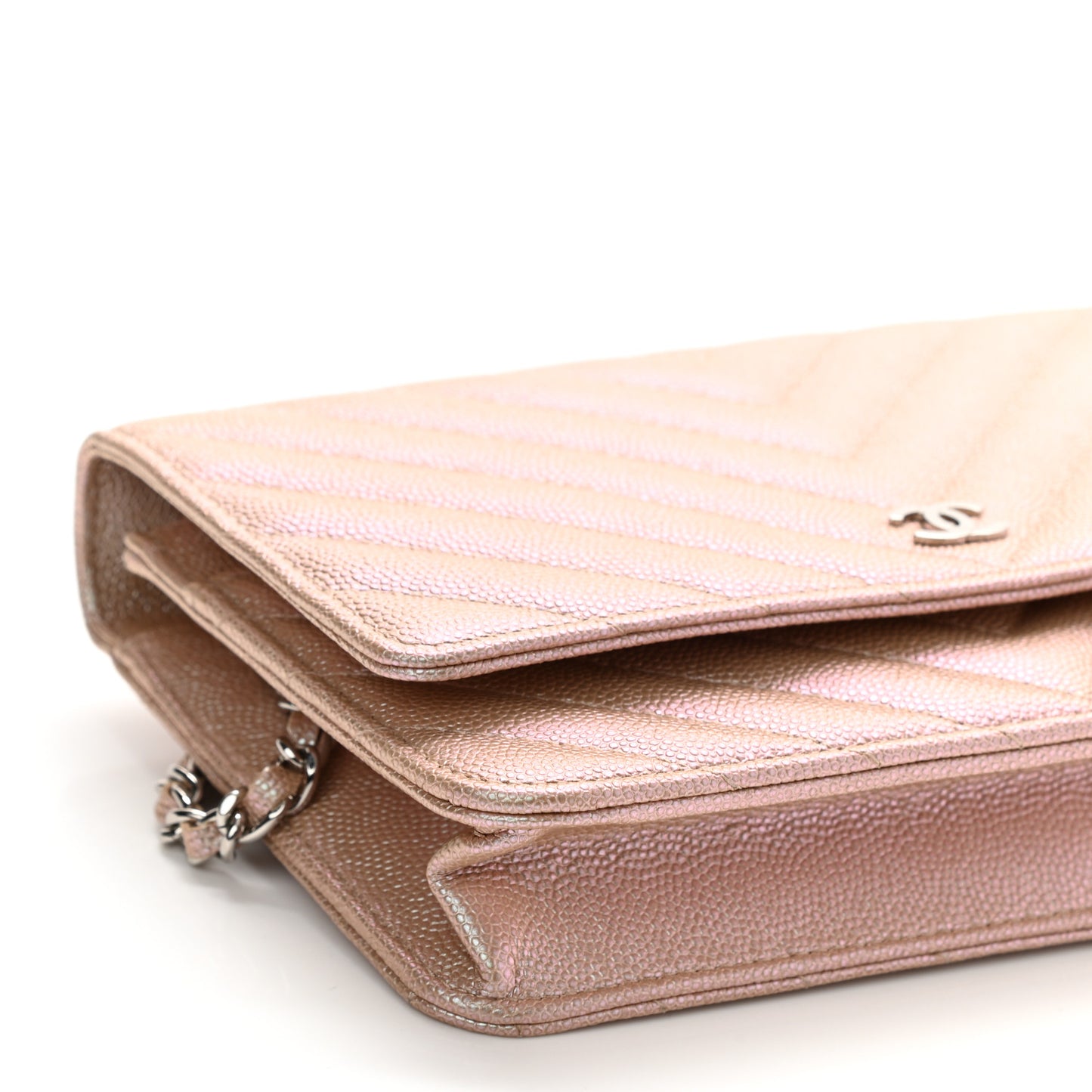 Metallic Caviar Chevron Quilted Wallet On Chain WOC Light Gold