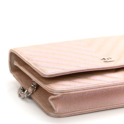 Chanel Metallic Caviar Chevron Quilted Wallet On Chain WOC Light Gold 10 of 11