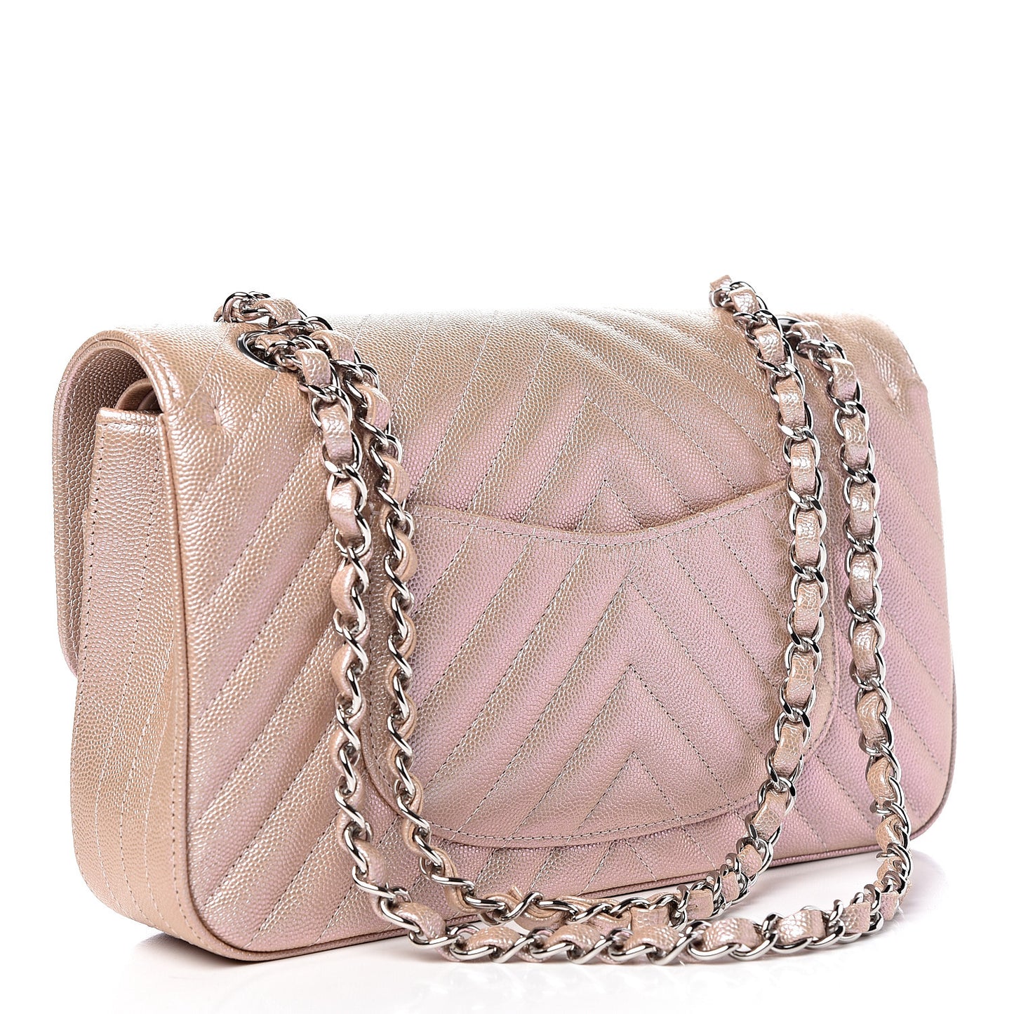 Metallic Caviar Chevron Quilted Medium Double Flap Light Gold