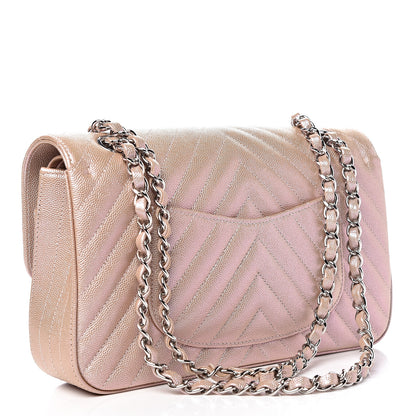 Chanel Metallic Caviar Chevron Quilted Medium Double Flap Light Gold 3 of 11