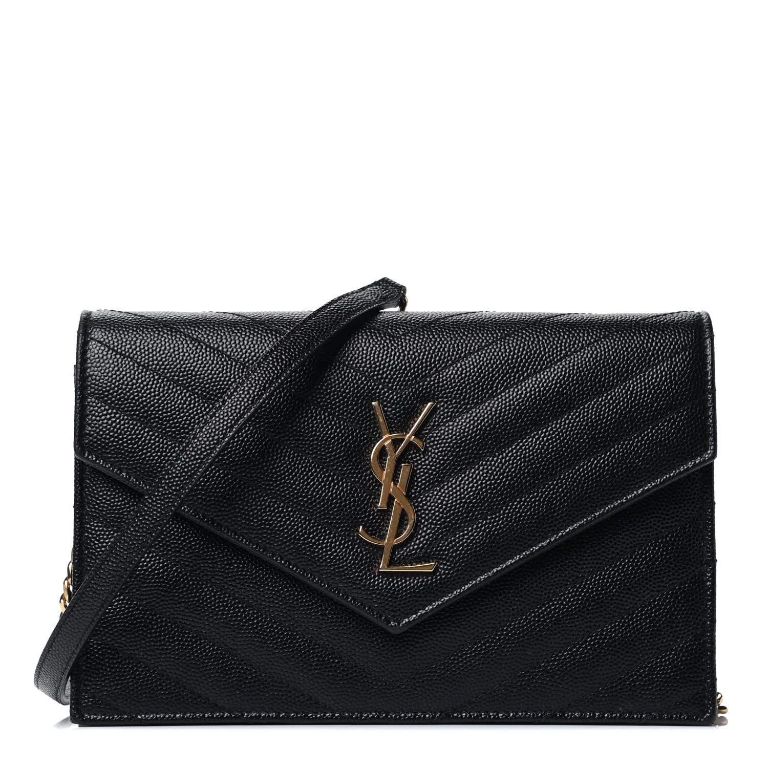 Saint Laurent Grain De Poudre Matelasse Chevron Monogram Envelope Chain Wallet Black 1 of 4