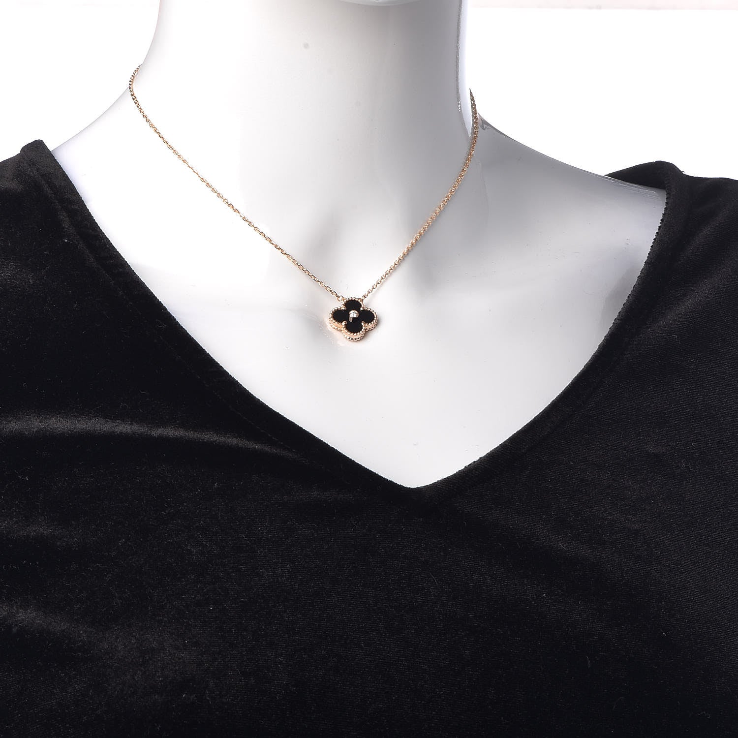 Van Cleef & Arpels 18K Rose Gold Diamond Black Onyx Vintage Alhambra Pendant Necklace 2 of 6