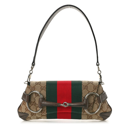 Gucci Monogram Textured Dollar Calfskin Heavy Grosgrain Web Small Maxi Horsebit Chain Shoulder Bag Beige Ebony New Acero 1 of 10