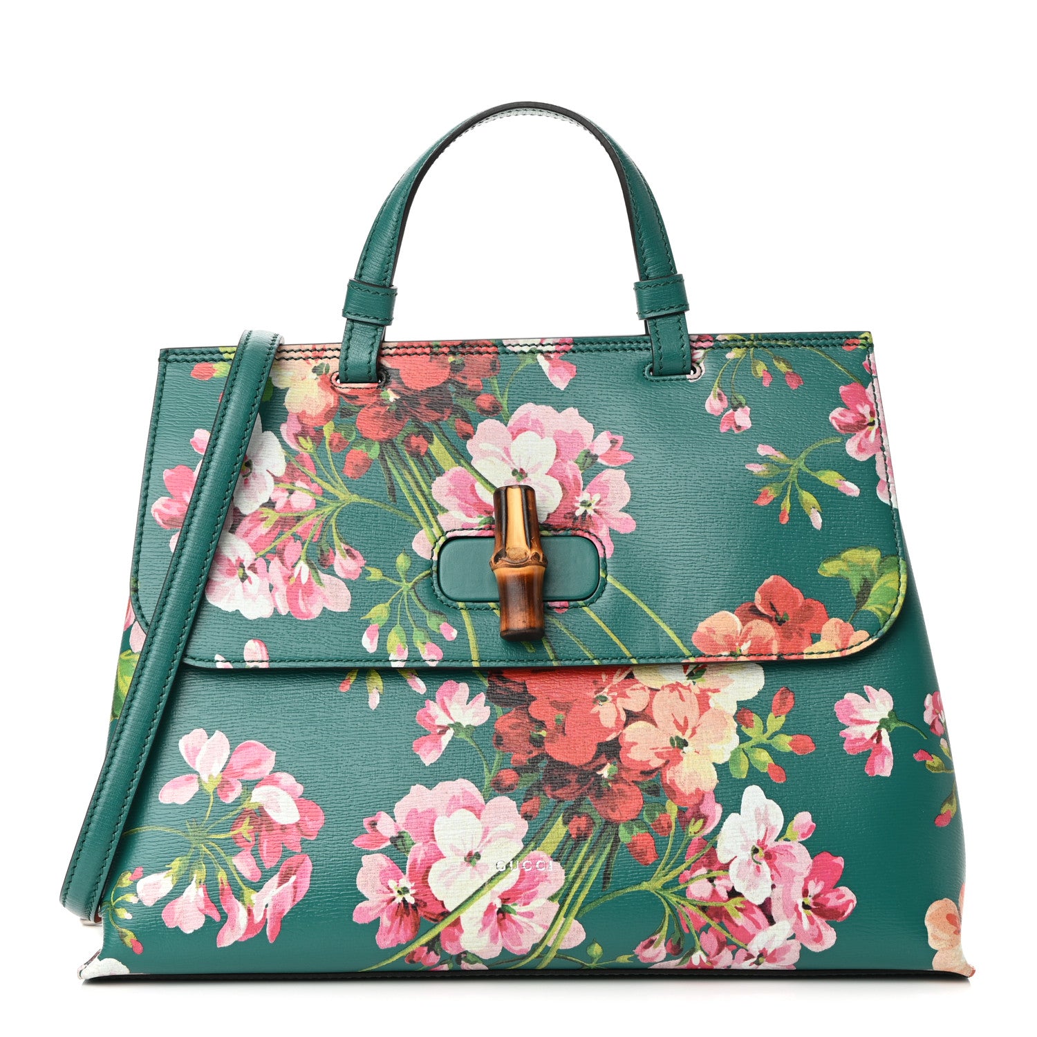 Gucci Shangai Calfskin Blooms Print Medium Bamboo Daily Top Handle Bag Clear Bright Emerald Multicolor 1 of 8