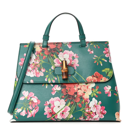 Gucci Shangai Calfskin Blooms Print Medium Bamboo Daily Top Handle Bag Clear Bright Emerald Multicolor 1 of 8