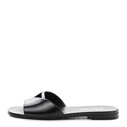 Prada Spazzolato Logo Triangle Cut Out Flat Slide Sandals 38.5 Black 1 of 8