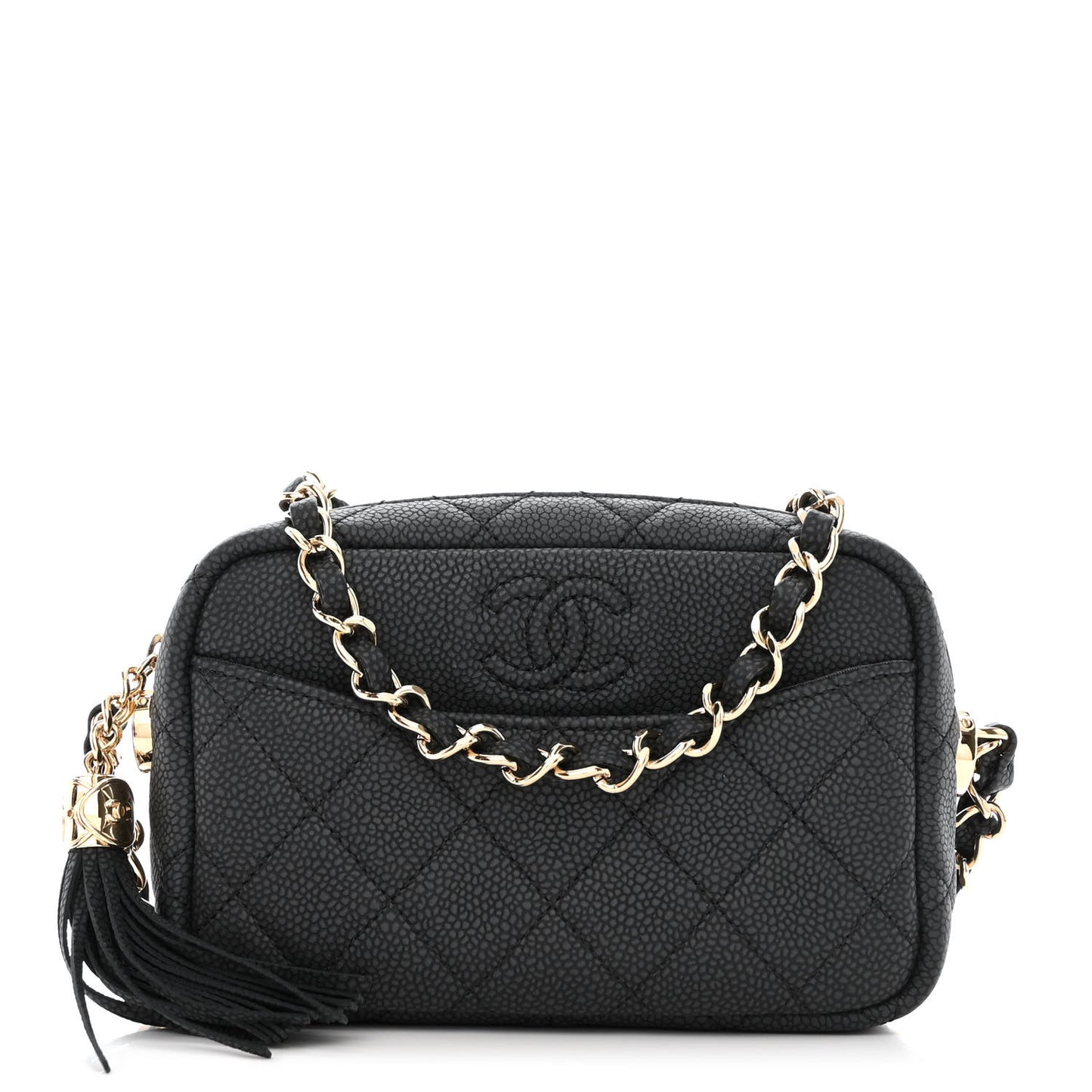 Iridescent Caviar Quilted Mini Coco Tassel Camera Case Black