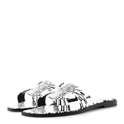 Hermes Calfskin Printed Op'H Oran Sandals 36 Black White 4 of 10