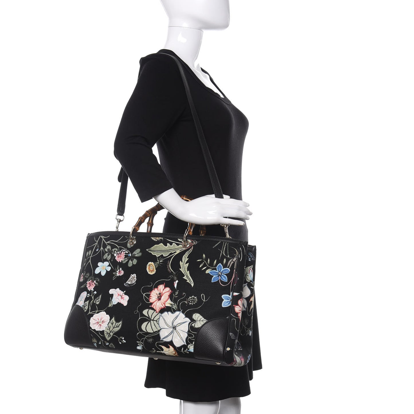 Canvas Cellarius Calfskin Flora Knight Large Bamboo Shopper Tote Black