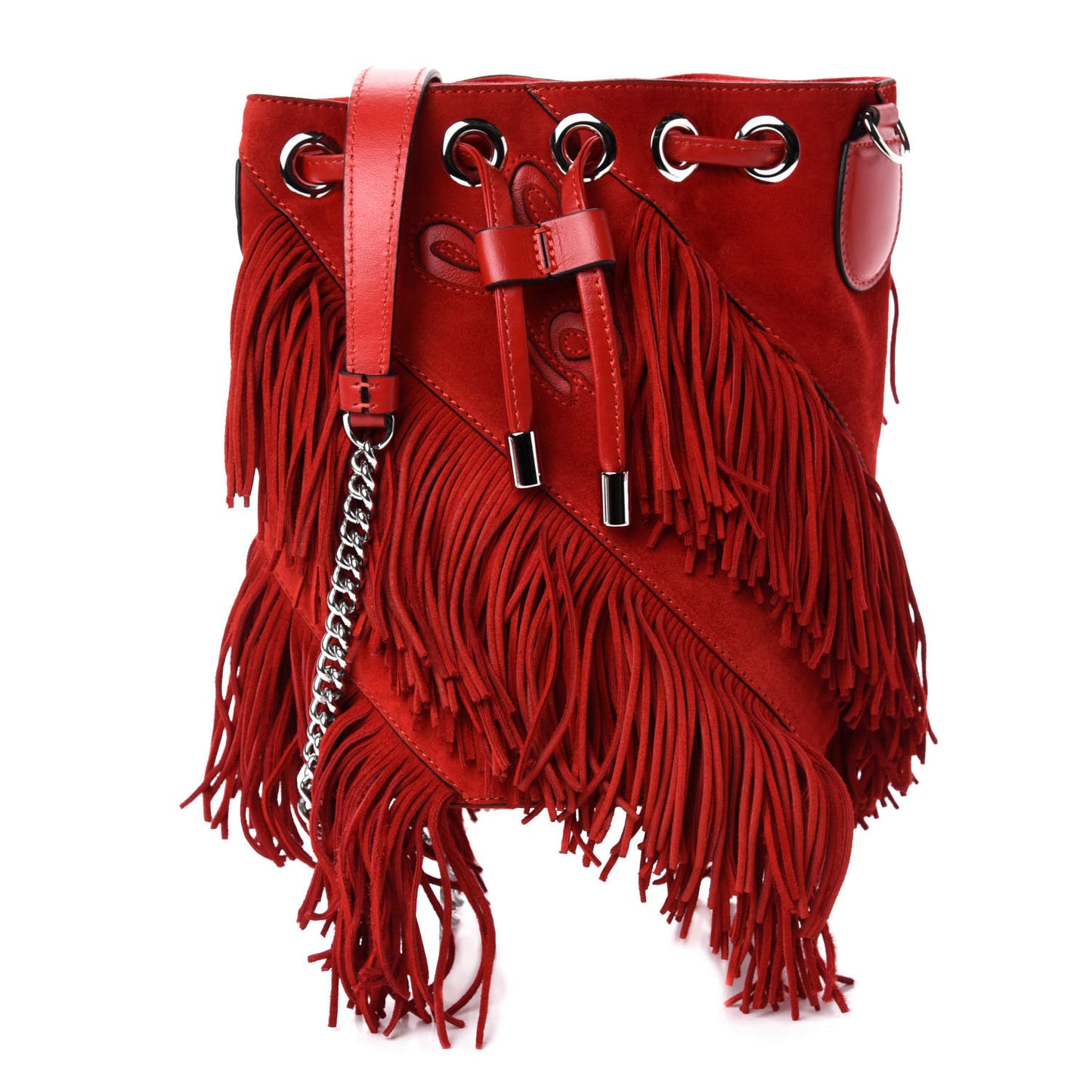 Suede Calfskin Fringe Marie Jane Bucket Red