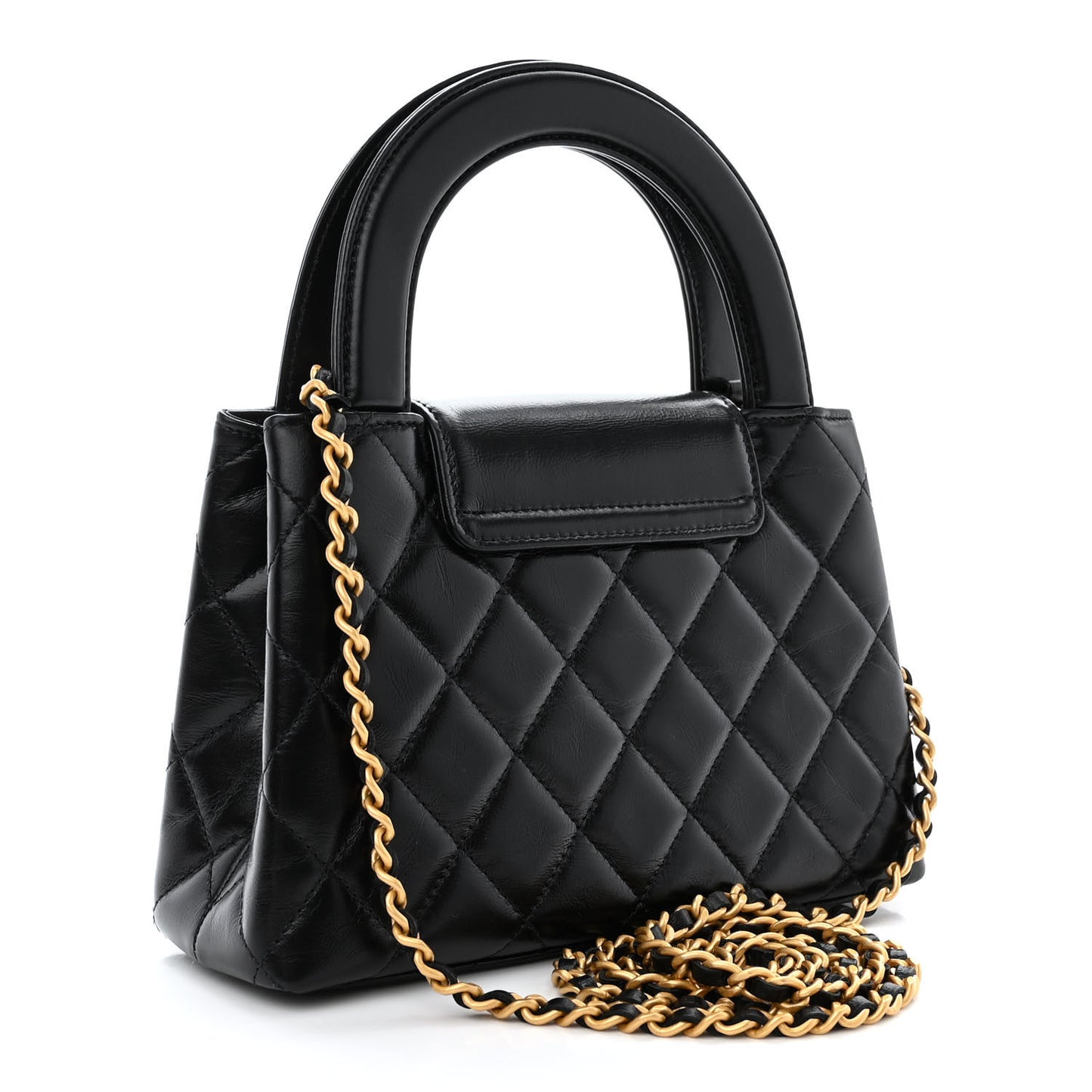 Shiny Aged Calfskin Quilted Nano Kelly Shopper Black