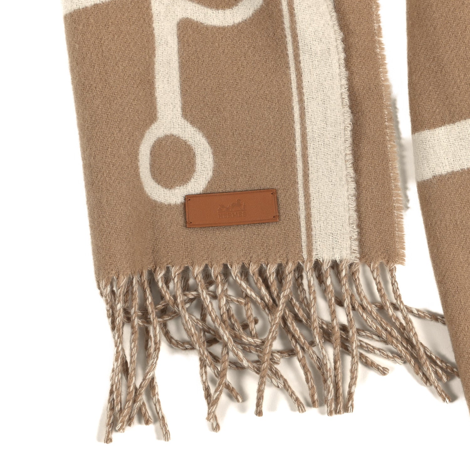 Hermes Cashmere Casaque Grand Mors Muffler Camel Ivory 1844482