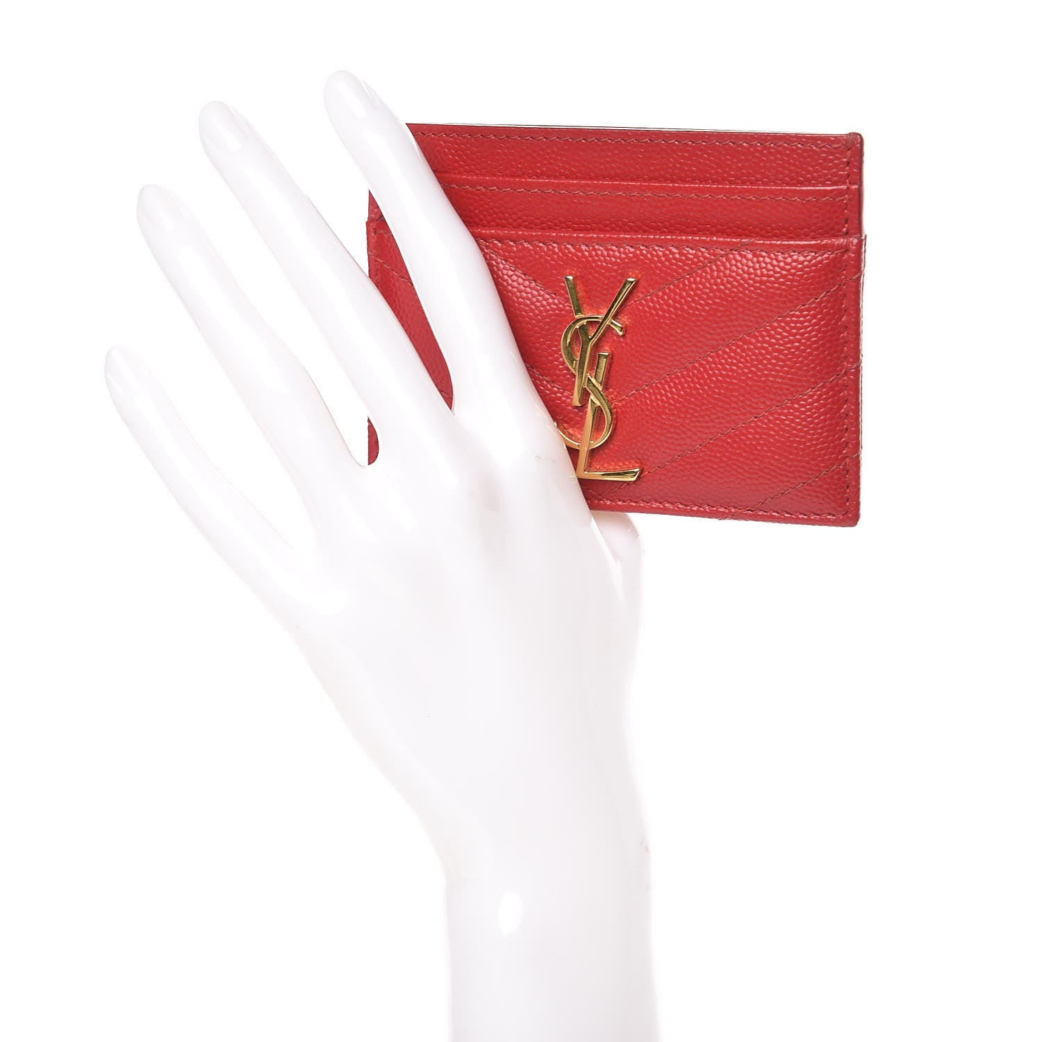 Saint Laurent Grain De Poudre Matelasse Chevron Monogram Credit Card Case New Red 2 of 12