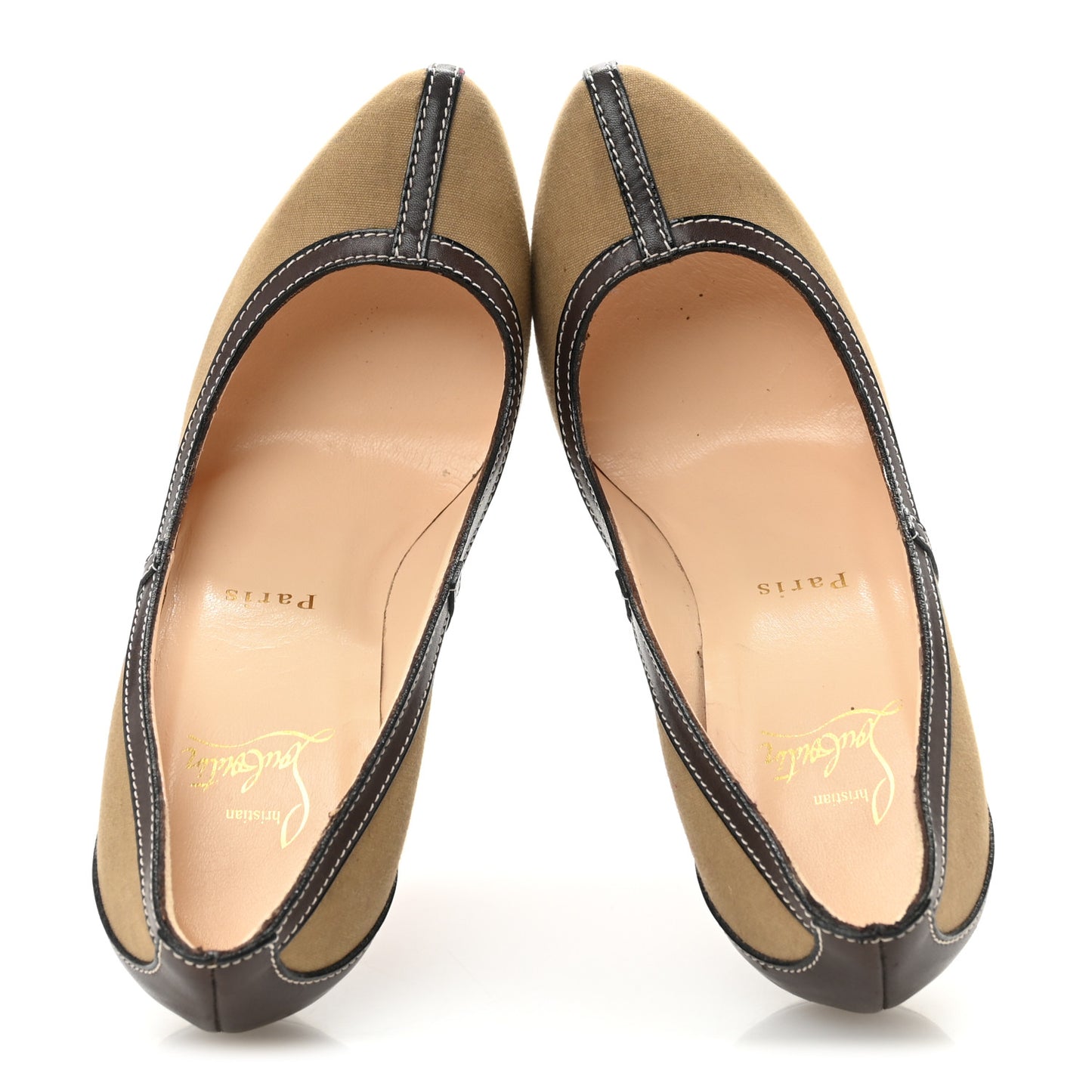 Canvas Calfskin Pumps 37 Beige Brown