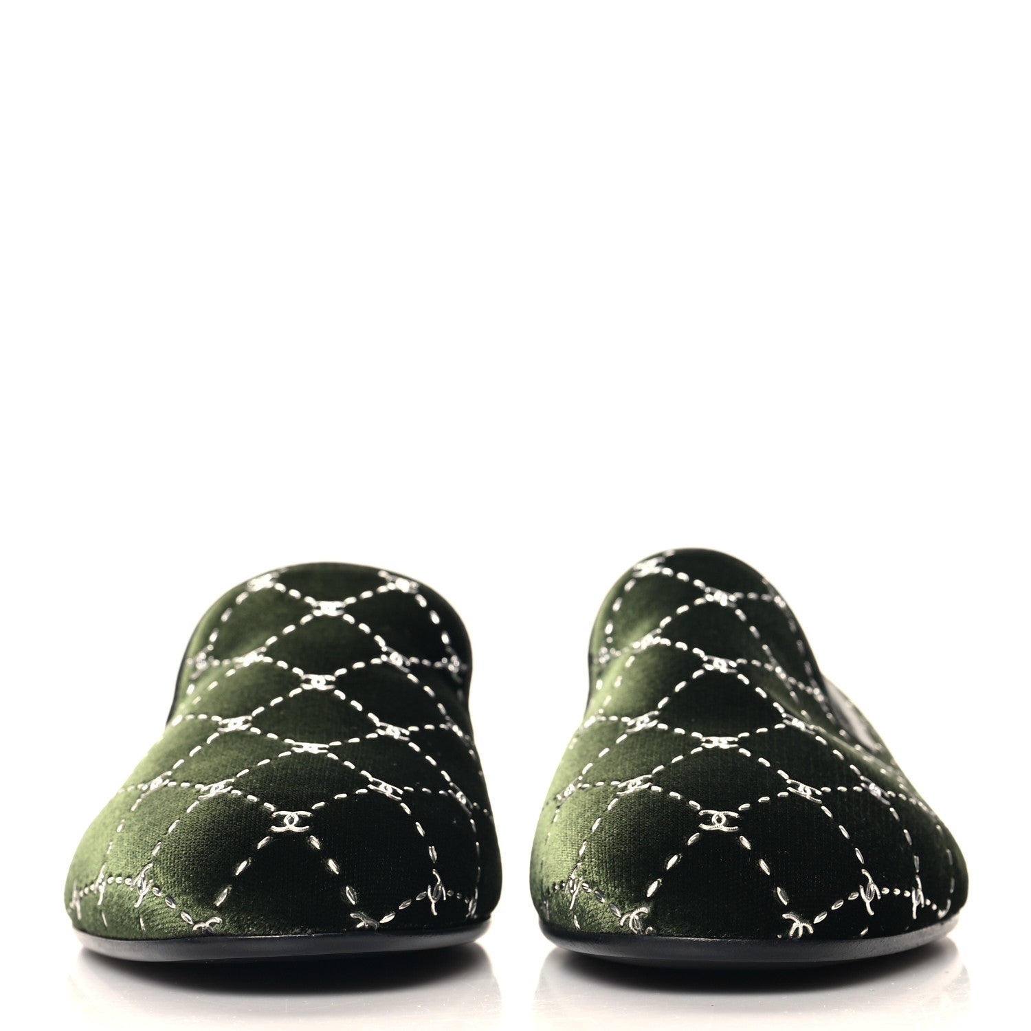 Chanel Velvet Moccasin Loafers 37.5 Dark Green 3 of 10