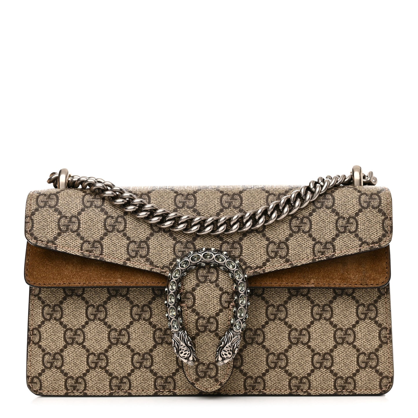 GG Supreme Monogram Suede Crystal Small Dionysus Shoulder Bag Beige Ebony Taupe