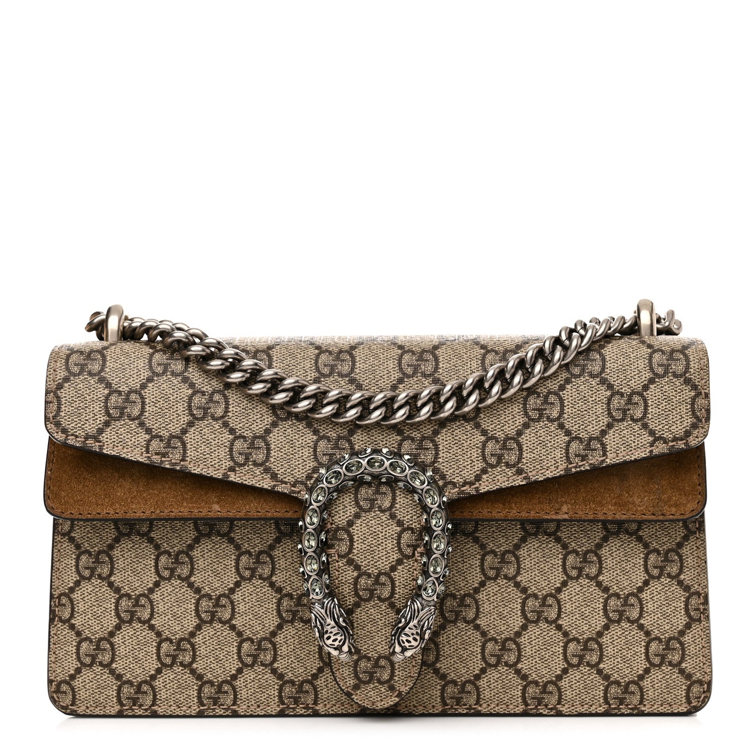 Gucci GG Supreme Monogram Suede Crystal Small Dionysus Shoulder Bag Beige Ebony Taupe 1 of 13