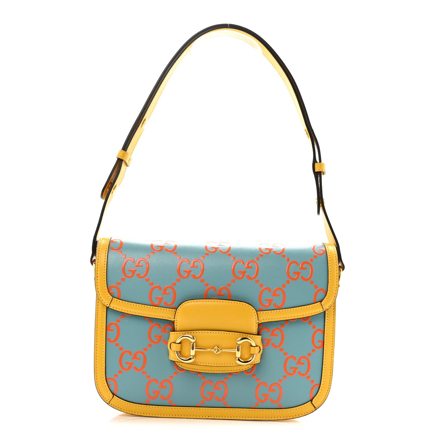 Azalea Calfskin GG Monogram Bi-Color Debossed Horsebit 1955 Shoulder Bag Dusty Azure Stone Topaz Deep Orange