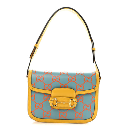 Gucci Azalea Calfskin GG Monogram Bi-Color Debossed Horsebit 1955 Shoulder Bag Dusty Azure Stone Topaz Deep Orange 1 of 16