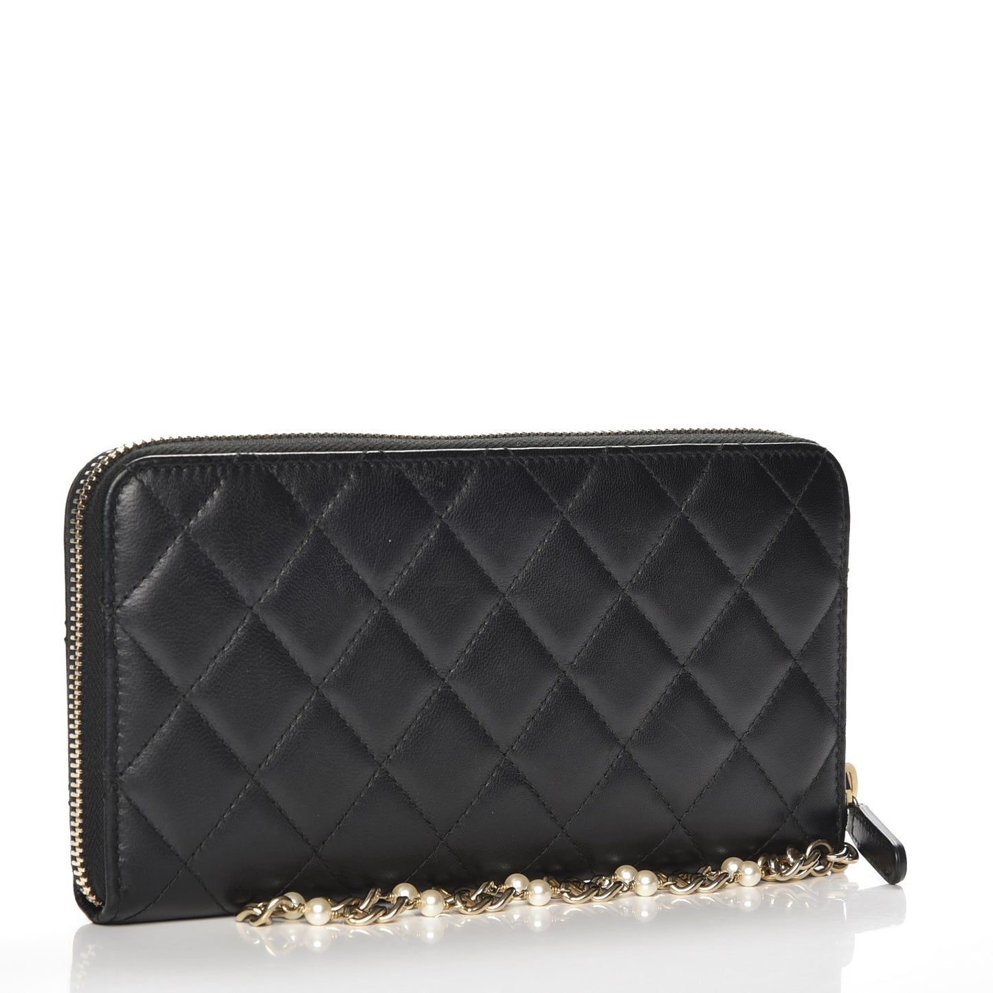 Lambskin Quilted Pearl Chain Wrist Wallet Black